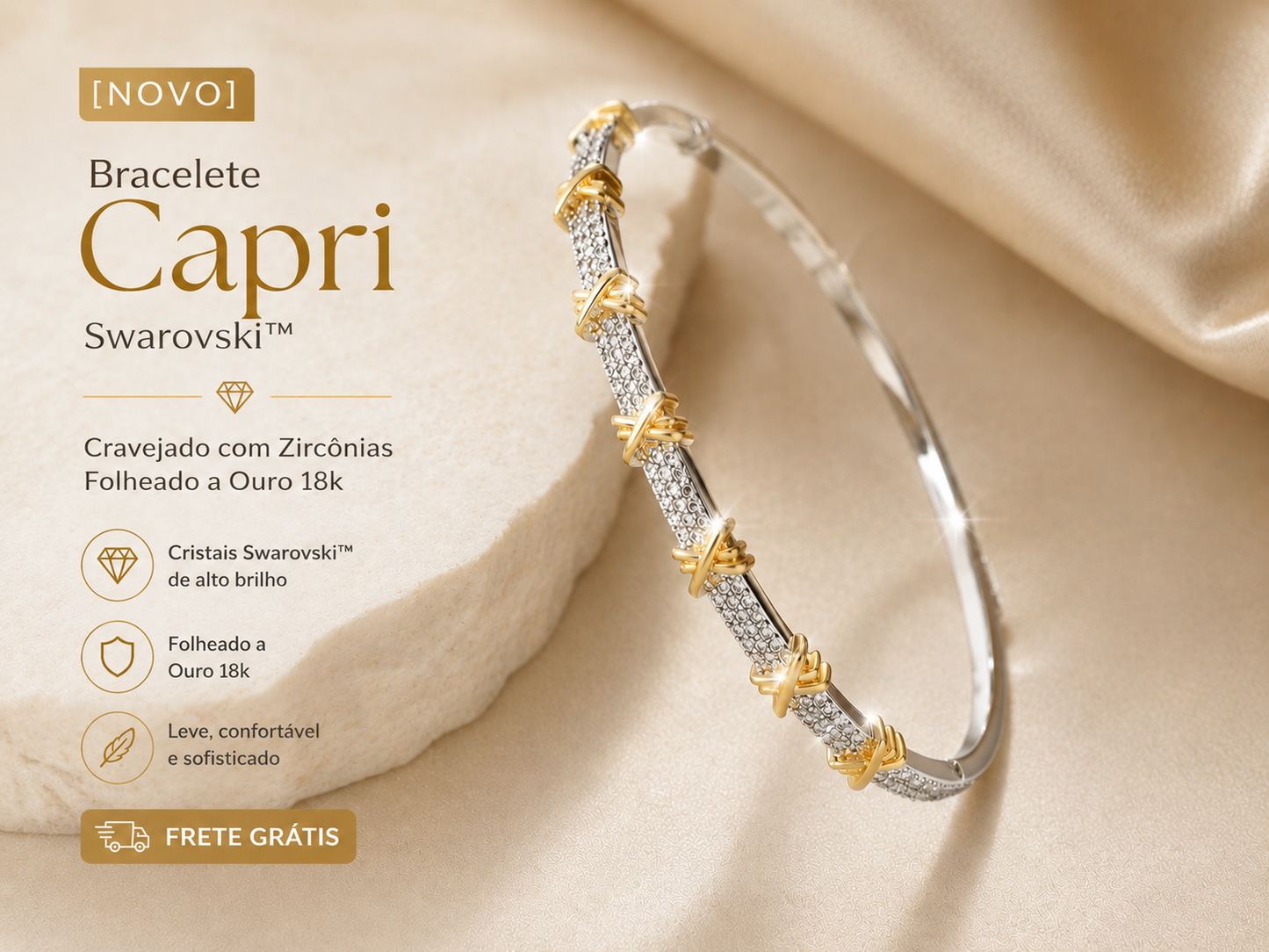 [NOVO] Bracelete Capri Swarovski™- Cravejado com Zircônias - Folheado a Ouro 18k + FRETE GRÁTIS