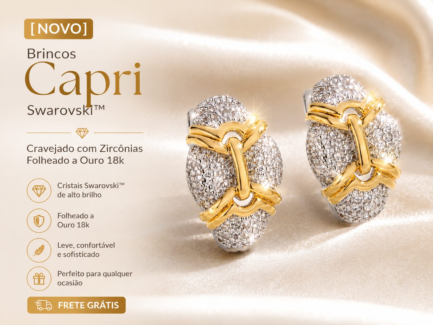 [NOVO] Brincos Capri Swarovski™- Cravejado com Zircônias - Folheado a Ouro 18k + FRETE GRÁTIS